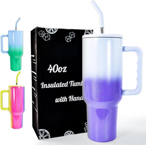 1182Ml 40Oz Mug Isotherme, Café Avec Poignée Et Paille, Tasse À Café À Paroi Double Isolée Sous Vide Acier Couvercle, Gobelet Isotherme Réutilisablestient Au Glace Pendant 24 Heures