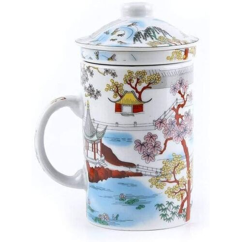 Kalanka-- Tisanière Chinoise Contemplation Du Lac - Tasse À Infusion En Porcelaine - Avec Infuseur & Couvercle - Peinture Chinoise - Vaisselle Traditionnelle De Chine - Idée Cadeau Thé Asie