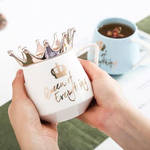 Tasse À Café Nordique Tasse Créative Couronne Tasse En Céramique Avec Couvercle Et Cuillère Pot En Céramique Tasse De Ventre Peut Être Donnée Comme Cadeau (Bleu)