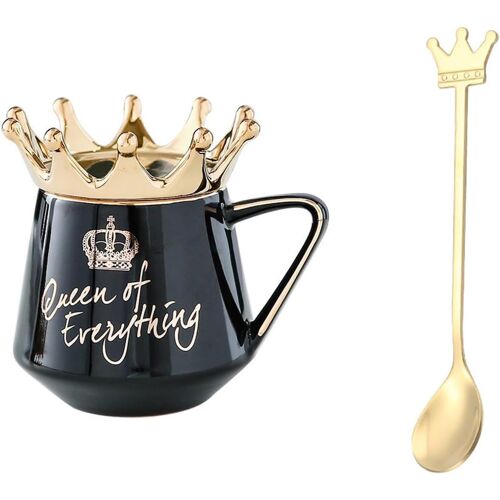 Tasse Couronne 300ml Avec Couvercle Et Cuillère, The Tasse Originale Original Mug Femme Tasse A Cafe Ceramique, Les Belles Tasses Sont Un Excellent Choix De Cadeau (Noir)