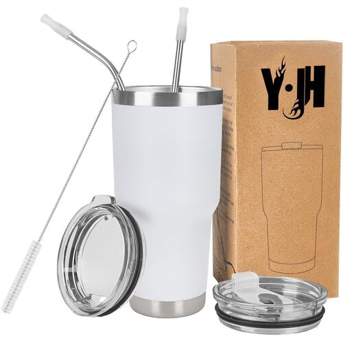Sjzg-30oz (850ml) Gobelet De Voyage Tasse À Café À Paroi Double Isolée Sous Vide Acier Inoxydable,Avec 2 Couvercles Anti-Éclaboussures, 2 Pailles Et Brosse De Canalisation, Sans Bpa - Blanc