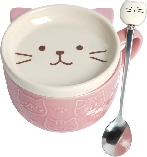 Kalanka-Tasse De Chat Mignon En Céramique, 300ml Tasse En Céramiqu Avec Couvercle, Set De Tasses À Café, Tasse De Petit-Déjeuner En Céramique, Cadeaux De Vacances Pour Fille, Fil, Amis, Famille - Ros
