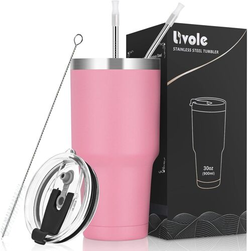 Cmws-Mug Isotherme 30oz 900ml, Gobelet De Voyage, Thermos Cafe À Double Paroi Isolant Tasse À Café Réutilisable, 304 18/8 Acier Inoxydable, Couvercles Anti-Éclaboussure, Paille, Sans Bpa, Rose