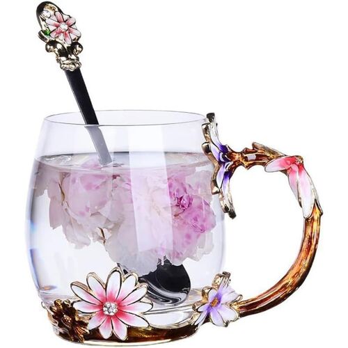 Kalanka-Tasse À Thé En Verre Émaillé De Papillons Fleurs Avec Cuillère En Acier, Cadeau Parfait Pour Femme, Épouse, Petite Amie, Fête Des Mères, Saint-Valentin, Anniversaire (Marguerites-330ml)