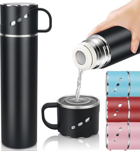 Gourde Isotherme Double Paroi, Mug Isotherme Acier Inoxydable Sans Bpa, Bouteille Isotherme Anti-Fuite Résistant À La Chaleur Avec Tasse Et Couvercle, Pour Travail, Ecole, Randonnée (Noir 550ml)