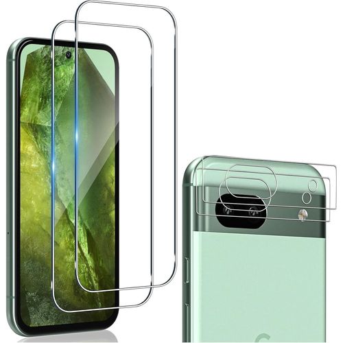 Protection écran en verre trempé pour Google Pixel 8A ¿ Pack 2 protège-écrans 0,33 mm + 2 protections d'objectif caméra, anti-rayures 9H, anti-empreintes, facile à installer, haute transparence