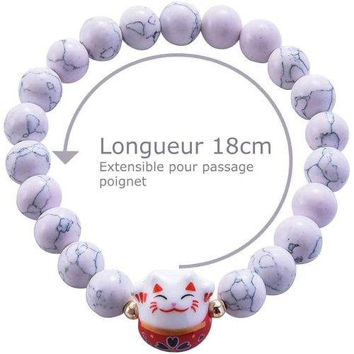 Bracelet Maneki Neko Porte Bonheur En Pierres Naturelles. 18cm Réglable. Blanc.