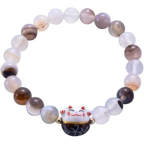 Bracelet Japonais Maneki Neko Porte Bonheur En Pierres Naturelles Transparent (18cm Réglable)