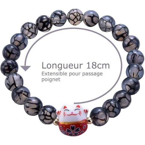 Bracelet Japonais Maneki Neko Porte Bonheur En Pierre Naturelle Noir (18cm Réglable)