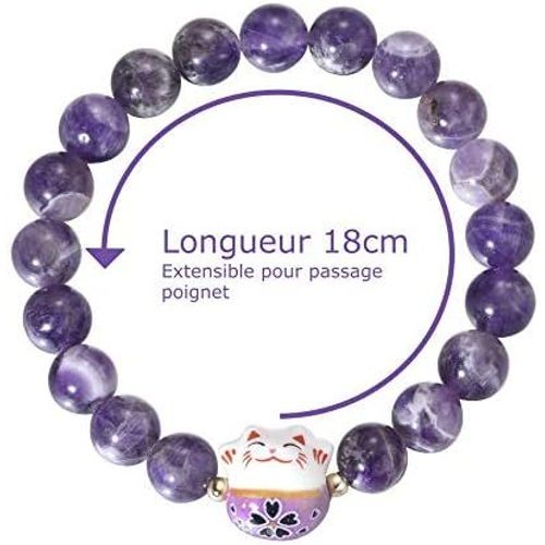 Bracelet Maneki Neko Porte Bonheur En Pierres Naturelles Violet (18cm Réglable)