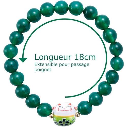 Bracelet Japonais Maneki Neko Porte Bonheur En Pierres Naturelles Vert (18cm Réglable)