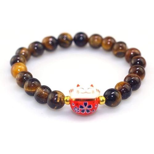 Bracelet Japonais Maneki Neko Porte Bonheur En Pierres Naturelles Couleur Thé (18cm Réglable)