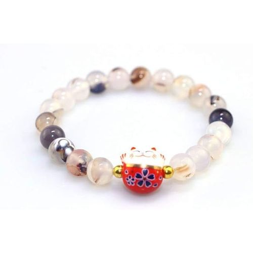 Bracelet Japonais Maneki Neko Porte Bonheur En Pierres Naturelles Transparent Blanc (18cm Réglable)