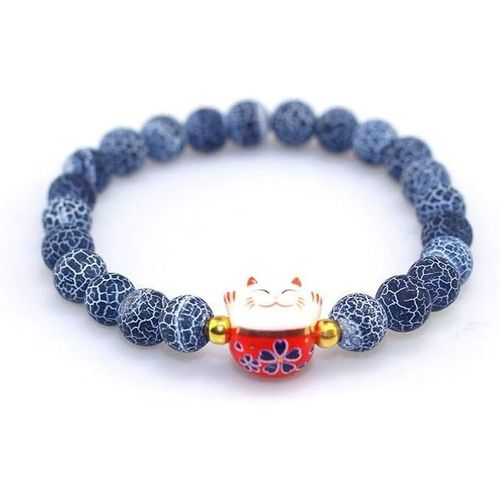 Bracelet Japonais Maneki Neko Porte Bonheur En Pierre Naturelle Noir Et Blanc (18cm Réglable)