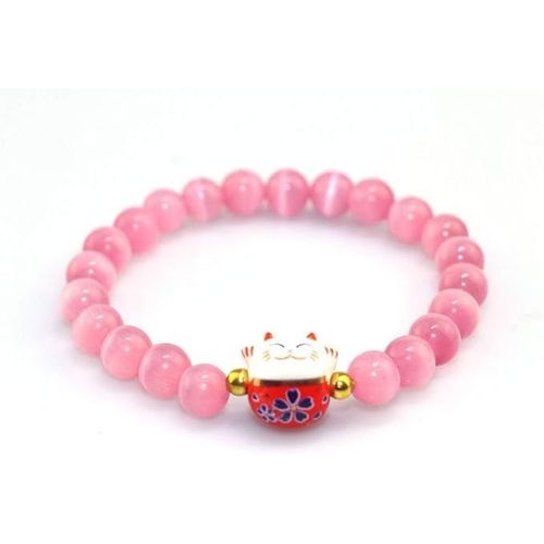 Bracelet Japonais Maneki Neko Porte Bonheur En Pierres Naturelles Rose (18cm Réglable)