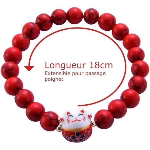 Bracelet Japonais Maneki Neko Porte Bonheur En Pierres Naturelles Rouge (18cm Réglable)