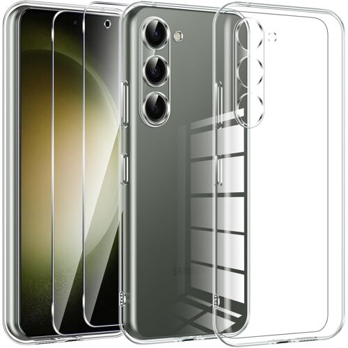 KAL-Crystal Clear Coque Pour Samsung Galaxy S23 5G Avec 2 Morceaux De Verre De Protection,Coque De Protection En Silicone Tpu Transparent Ultra Fin Et Souple,Anti-Jaunissement Anti-Rayures