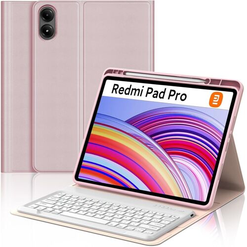 Clavier pour Redmi Pad Pro 12.1""/Xiaomi Poco Pad 2024, Étui Clavier pour Xiaomi Redmi Pad Pro Magnétique Bluetooth Amovible Français AZERTY Layout, Rose