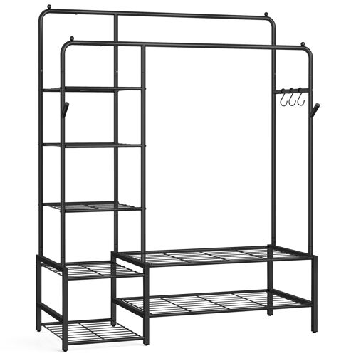 Portant à Vêtements, Armoire Penderie Ouverte, Porte-manteau avec 7 Étagères, Cadre en Métal, Tringles, pour Chambre, Salon, Entrée, Noir