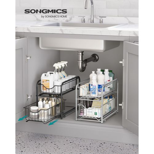 Organiseur De Cuisine, Étagère Sous Évier, 2 Paniers Coulissants, Empilable, Pour Rangement Dans Placard, Sous Lavabo, Avec Tiroirs, Pour Cuisine, Salle De Bain, Argent