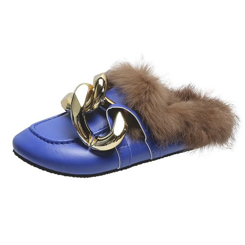 Mules Chaîne En Métal Et Fourrure Véritable Pour Femme, Mocassins Bout Rond, Chaussures Décontractées, Tongs Duveteuses Et Poilues, Hiver