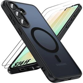 Coque et 2 Verres Trempés pour Samsung Galaxy S24 FE avec Cercle Magnétique Protection Caméra, Silicone PC Noir - E.F.Connection