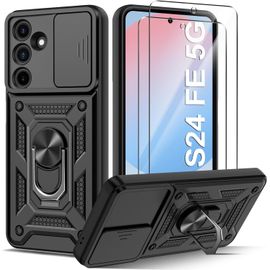 Coque Compatible Avec Samsung Galaxy S24 Fe 5g Avec 2 Verre Trempé, Support 360° Rotatif Militaire Pc Dur Renforcée Armor Antichoc Bumper Housse Etui (Noir)[Coque1290]