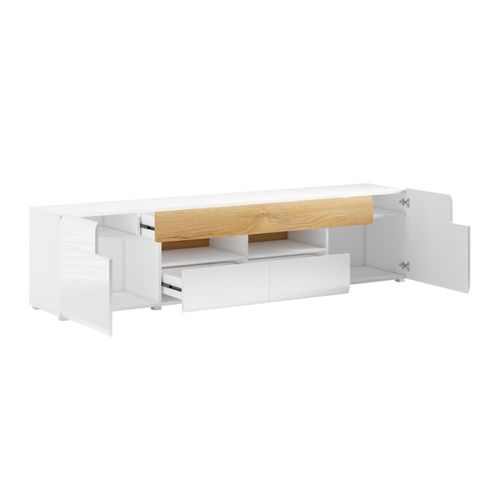 Meuble Tv 2 Portes 2 Tiroirs 208 Cm Stratifiés Blanc Et Bois
