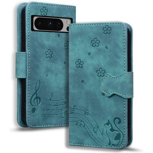 KAL-Coque Pour Google Pixel 8 6.2"" Etui Protection Cover Google Pixel 8 Premium En Cuir Pu Flip Portefeuille Support Fonction Sakura Musique Chat Housse Google Pixel 8,Vert