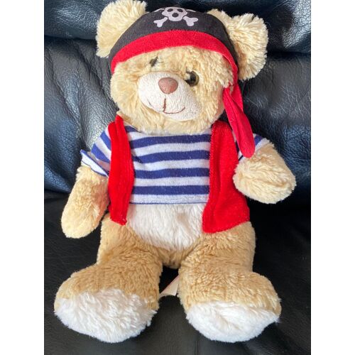 Doudou peluche ours marro  t-shirt blanc et bleu rayé veste rouge bonnet de pirate elug plush 30cm