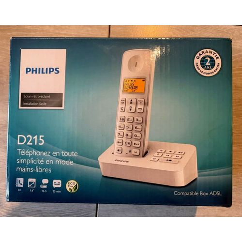 Téléphone fixe sans fil Philips D215 répondeur automatique enregistreur numérique white blanc blanco mode ECO+ compatible BOX et ADSL et D210
