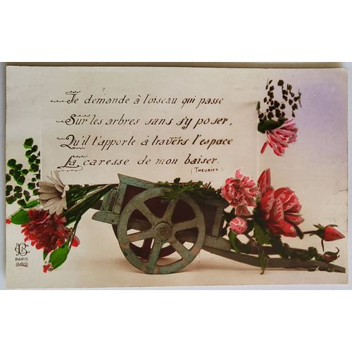 Carte Postale Ancienne, France, Voeux, Bouquet De Fleurs Dans Une Brouette
