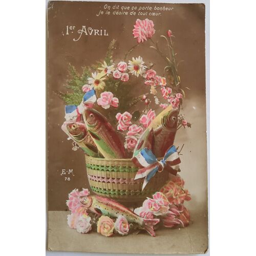 Carte Postale Ancienne, France, Voeux, 1er Avril, Poissons Dans Un Panier De Fleurs