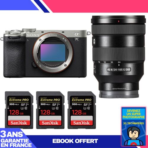 Boitier Sony A7C II Silver + FE 24-105mm f/4 G OSS + 3 SanDisk 128GB Extreme PRO UHS-II SDXC 300 MB/s + Ebook 'Devenez Un Super Photographe'