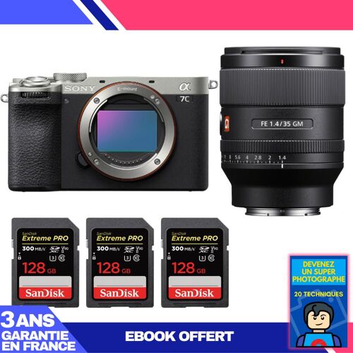 Boitier Sony A7C II Silver + FE 35mm f/1.4 GM + 3 SanDisk 128GB Extreme PRO UHS-II SDXC 300 MB/s + Ebook 'Devenez Un Super Photographe'