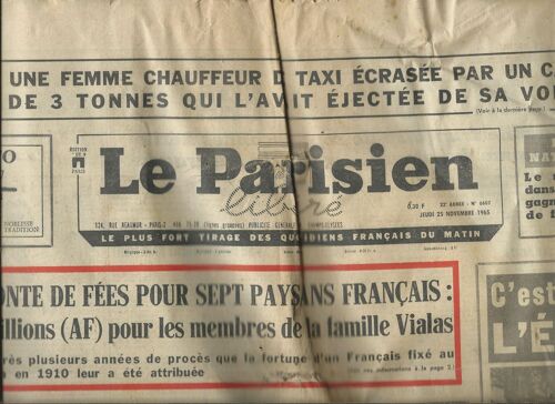 Le Parisien Libéré 25/11/1965 Onze Mineurs Tués À Carmaux - Annie Girardot - Marie Laforêt - Fred Astaire - Michèle Morga & Yann Arthus - Pierre Perret - Jean-Jacques Debout - Hallyday - Enrico Macias