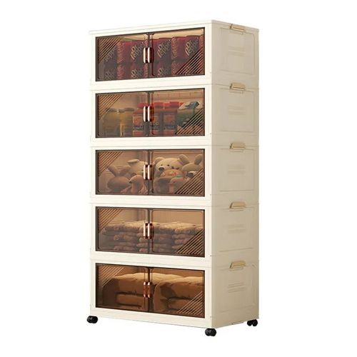 Wevalley Armoire De Rangement Pliante En Plastique, 5 Cases, Porte Transparente, Avec Roulettes