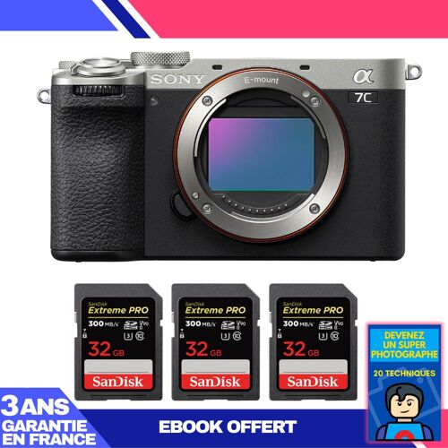 Boitier Sony A7C II Silver + 3 SanDisk 32GB Extreme PRO UHS-II SDXC 300 MB/s + Ebook 'Devenez Un Super Photographe'