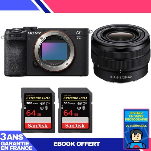 Boitier Sony A7C II Noir + FE 28-60mm f/4-5.6 + 2 SanDisk 64GB Extreme PRO UHS-II SDXC 300 MB/s + Ebook 'Devenez Un Super Photographe'