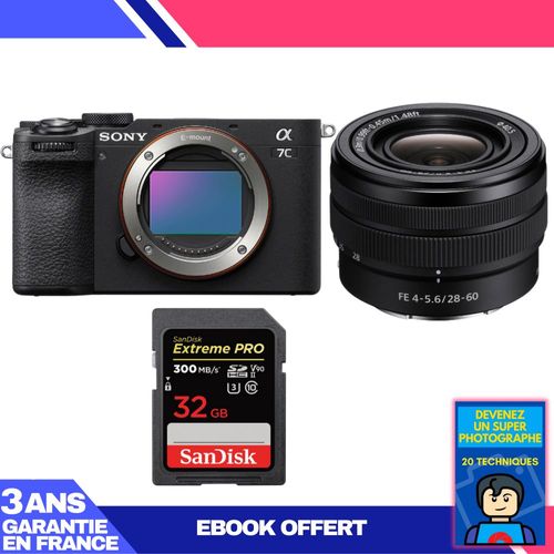 Boitier Sony A7C II Noir + FE 28-60mm f/4-5.6 + 1 SanDisk 32GB Extreme PRO UHS-II SDXC 300 MB/s + Ebook 'Devenez Un Super Photographe'