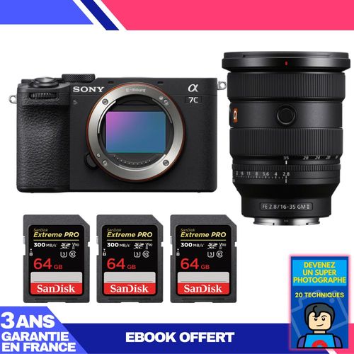 Boitier Sony A7C II Noir + FE 16-35mm f/2.8 GM II + 3 SanDisk 64GB Extreme PRO UHS-II SDXC 300 MB/s + Ebook 'Devenez Un Super Photographe'