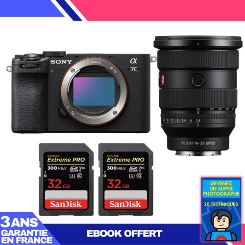 Boitier Sony A7C II Noir + FE 16-35mm f/2.8 GM II + 2 SanDisk 32GB Extreme PRO UHS-II SDXC 300 MB/s + Ebook 'Devenez Un Super Photographe'