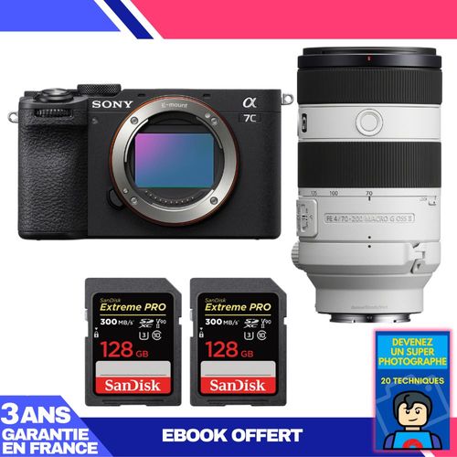 Boitier Sony A7C II Noir + FE 70-200mm f/4 Macro G OSS II + 2 SanDisk 128GB Extreme PRO UHS-II SDXC 300 MB/s + Ebook 'Devenez Un Super Photographe'