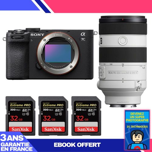 Boitier Sony A7C II Noir + FE 70-200mm f/4 Macro G OSS II + 3 SanDisk 32GB Extreme PRO UHS-II SDXC 300 MB/s + Ebook 'Devenez Un Super Photographe'