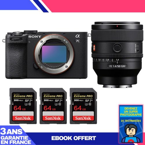 Boitier Sony A7C II Noir + FE 50mm f/1.4 GM + 3 SanDisk 64GB Extreme PRO UHS-II SDXC 300 MB/s + Ebook 'Devenez Un Super Photographe'