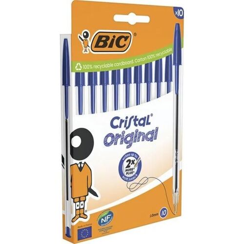 Stylo À Bille - Bic - Cristal Original - Boîte De 10 - Couleur Bleue - Pointe Fine