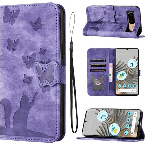 Coque Google Pixel 8 Matériau en Cuir PU De Qualité Supérieure Coque Pixel 8 avec Fentes pour Cartes Google Pixel 8 Coque Motif Papillon Chat Pixel 8 Coque Violet