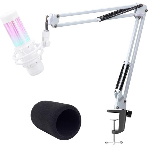 HyperX Quadcast Bras Micro Réglable-Pied Blanc Professionnel,Support pour Microphone HyperX QuadCast S avec Microphone Bonnette Anti Pop en Mousse