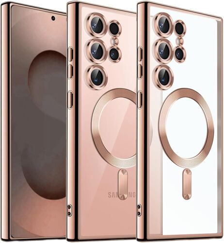 JGD-Coque Téléphone pour Samsung Galaxy S25 Ultra 5G,Magnétique Étui avec Caméra Protection Compatible avec MagSafe,Housse Transparente éclat Métallique Antichoc pour Samsung S 25 Ultra,Rose