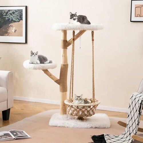 Arbre À Chat Multi-Niveaux 123cm En Bois Poirier Costway, Avec Balançoire Hamac, Poteaux À Gratter En Jute, 2 Perchoirs, Plateforme